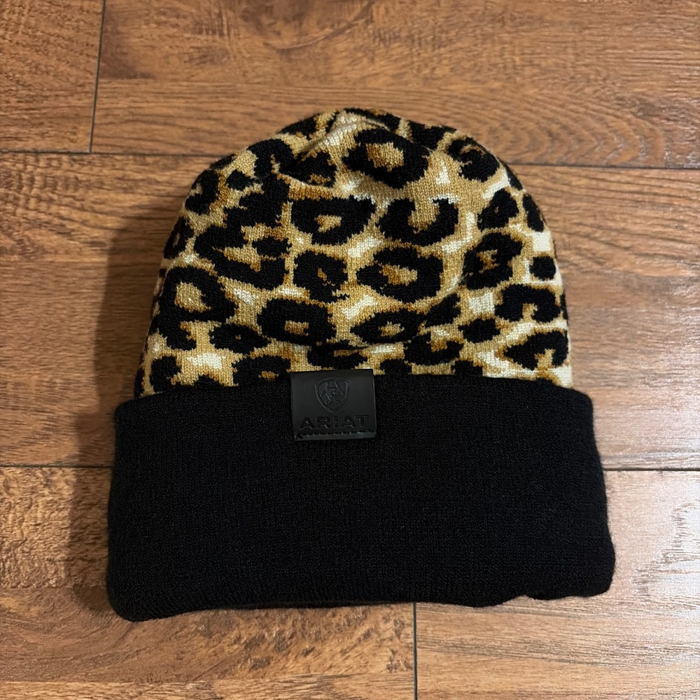 Ariat Womens Cuffed Beanie Hat Leopard Print Brown Black OS Leather Logo Patch